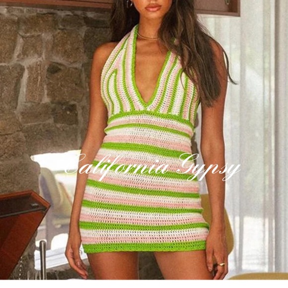 Crochet Boho Halter Mini Dress - Picture 3 of 12